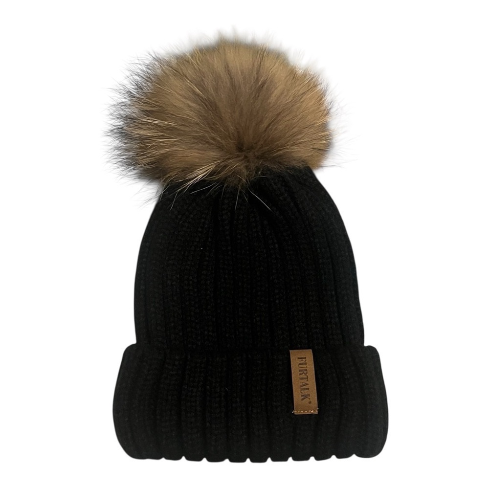 Furtalk winter snow ski black knit beanie with faux fur pom Women OS